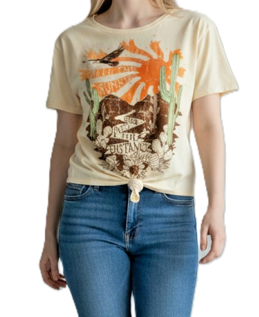 Shyanne Sz L Fashion T-Shirt Front Knot "Feel the Sunrise" Western Desert Scene